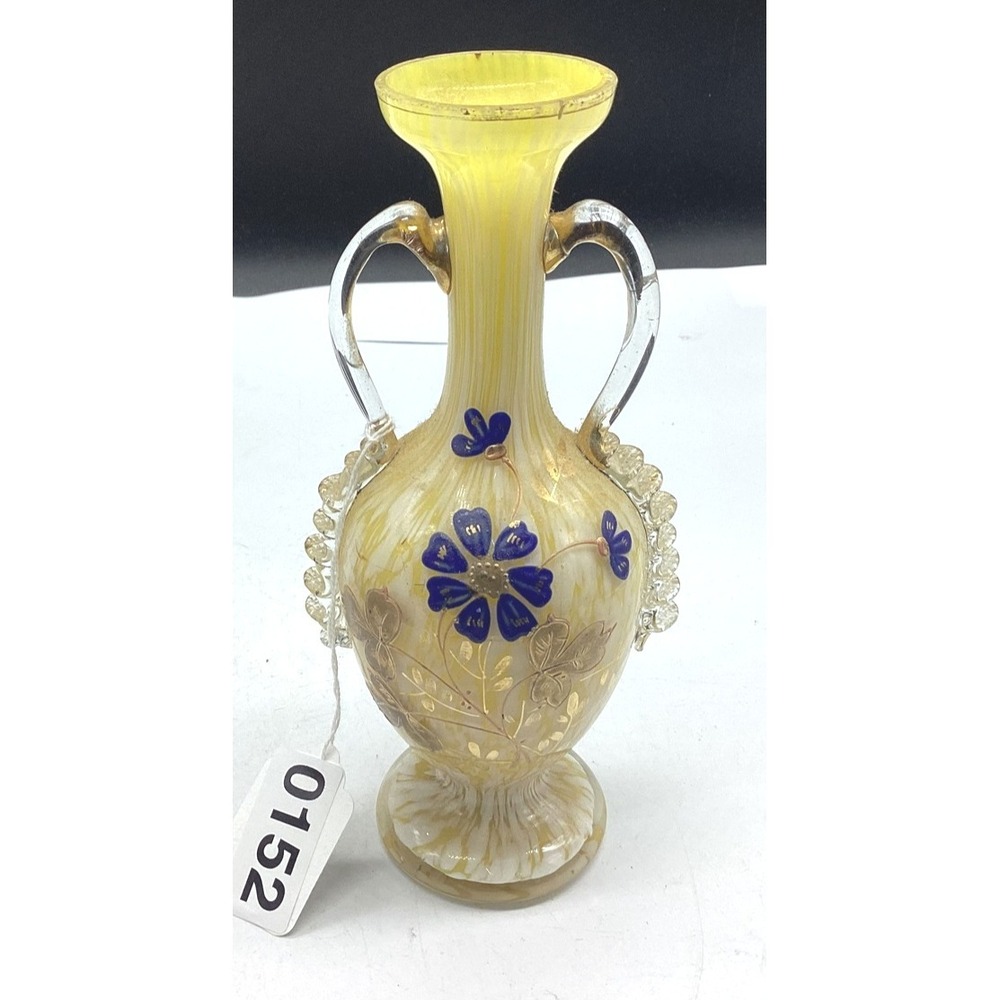 Antique Czech Welz Ruckl Tomschick Spatter Glass Vase w/‎ Enamel & Rigaree